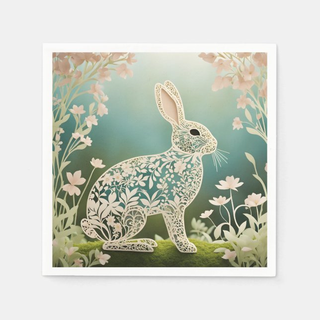 White Floral Rabbit Spring Art  Napkin (Front)