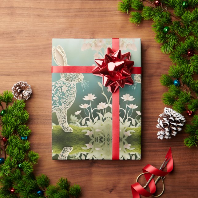 White Floral Rabbit Spring Art  Wrapping Paper (Holiday Gift)