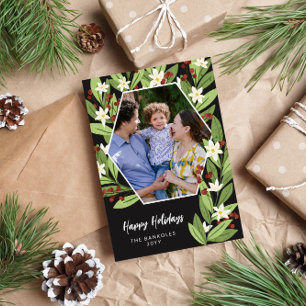 White Floral Red Berries Hexagon Happy Holidays Holiday Card