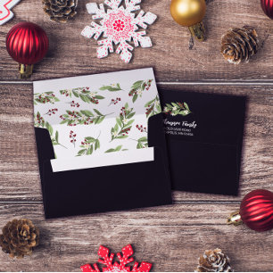 White Floral Red Berry Greenery Lining Christmas Envelope