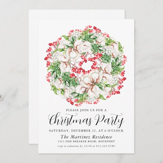 White Floral  Red Berry Wreath Christmas Party Invitation (Front/Back)