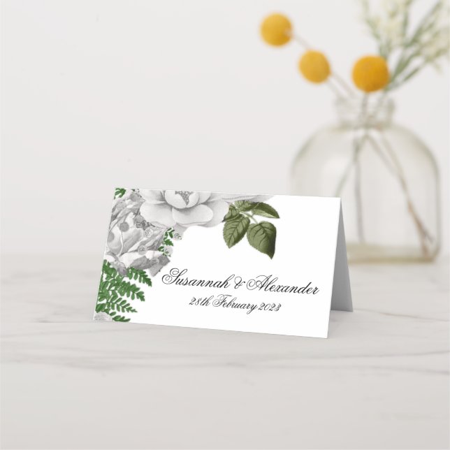 White Floral Rose and Fern Bouquet Wedding Place Card (Front)