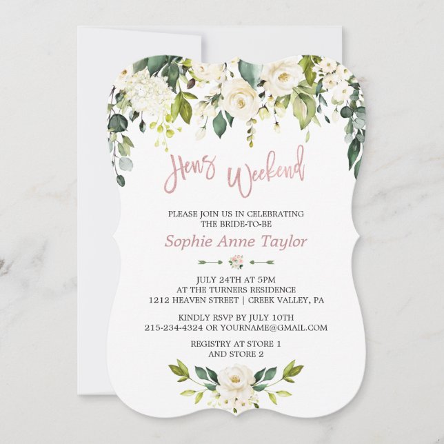 White Floral Rose Gold Bachelorette Weekend Party Invitation (Front)