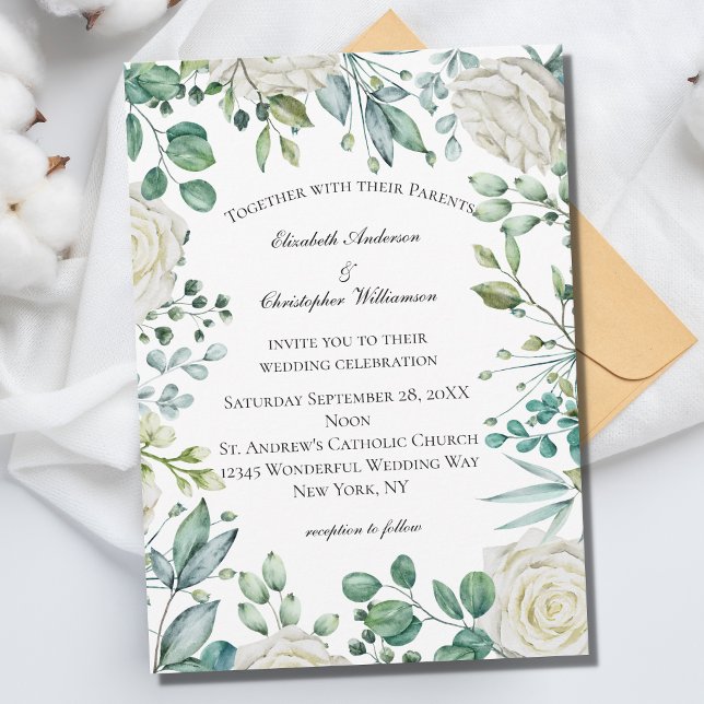 White Floral Roses Eucalyptus Botanical Wedding  Invitation (Creator Uploaded)