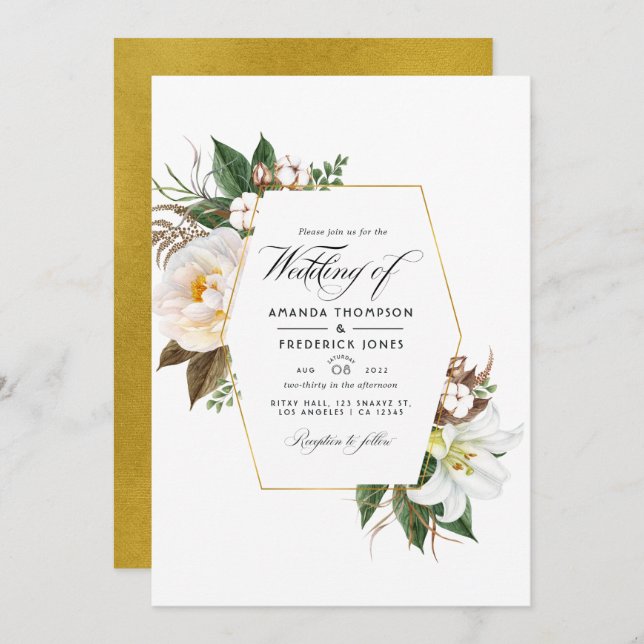 White Floral Rustic Barn Country Wedding Photo Invitation (Front/Back)