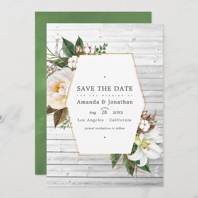 White Floral Rustic Barn Country Wedding Photo Save The Date (Front/Back)