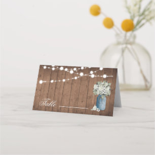 White Floral Rustic Elegant Lights Wooden Wedding Place Card