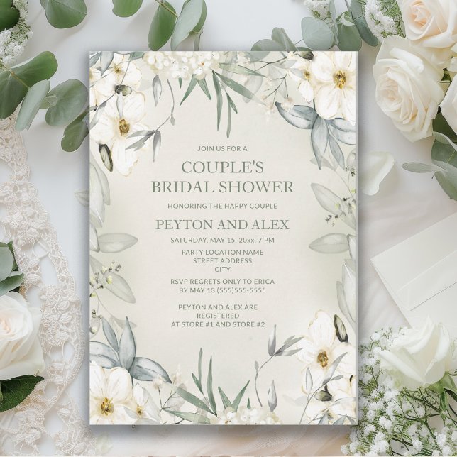White Floral Sage Green Couple Bridal Shower Invitation (White flowers and sage green leaves couple's bridal shower invitation)