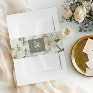 White Floral Sage Green Monogram Wedding Invitation Belly Band