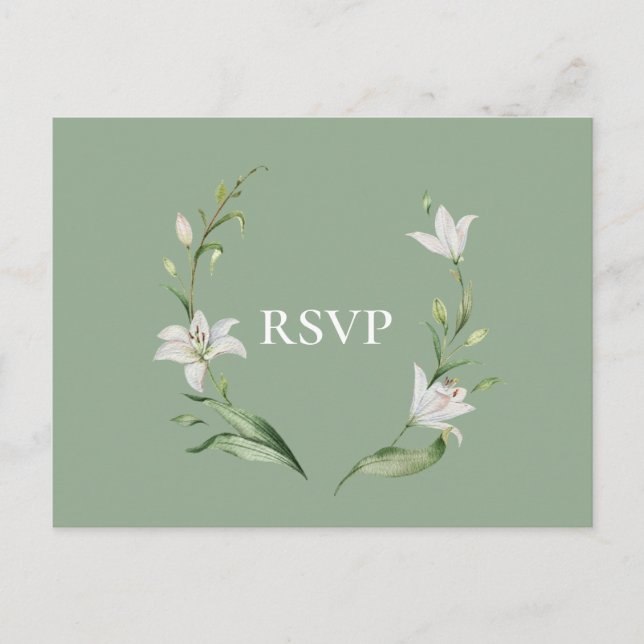 White Floral Sage Green Wedding RSVP Song Request Invitation Postcard (Front)