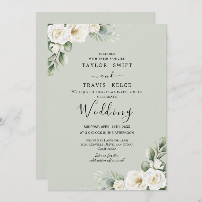 White Floral Sage Mint Wedding Invitation (Front/Back)