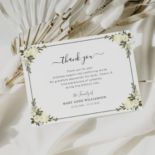 white floral script funeral thank you note