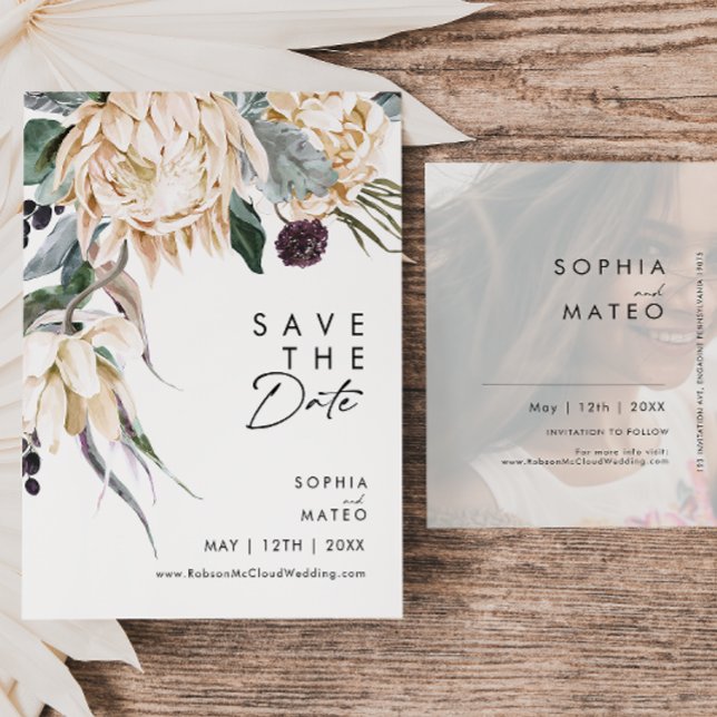 White Floral Script Photo Save The Date Postcard (Creator Uploaded)