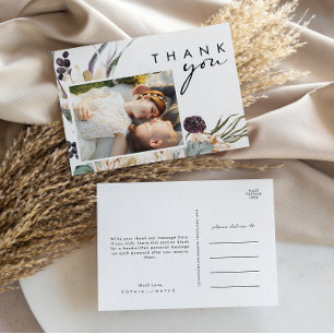 White Floral Script Photo Wedding Thank You Postcard