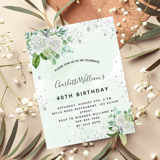 White floral silver greenery birthday luxury invitation (Creator Uploaded)