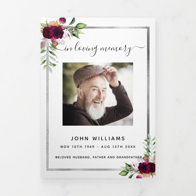 White floral silver photo tri-fold funeral program announcement (Cover)