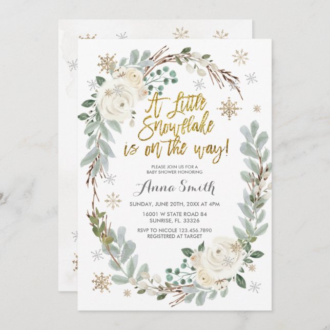 White Floral Snowflakes Winter Baby Shower  Invitation (Front/Back)