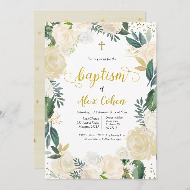 White Floral Spanish Baptism Invitation (Front/Back)