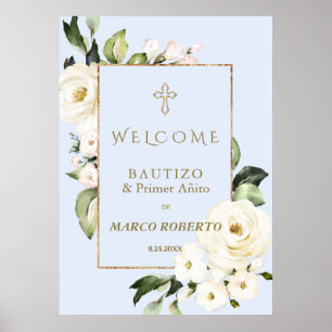 White Floral Spanish Boy Welcome Baptism Sign