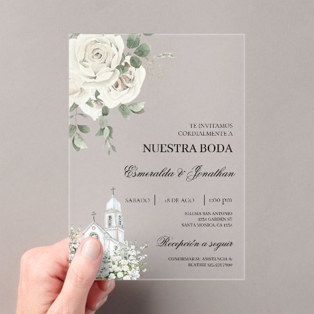 White Floral Spanish church Wedding acrylic Acrylic Invitations (Insitu (Handheld))