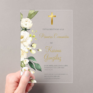 White floral Spanish First Communion Invite Acrylic Invitations