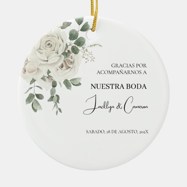 White Floral Spanish Wedding Invitation Ceramic Ornament (Front)