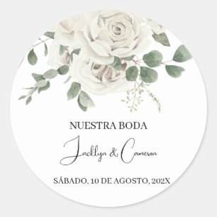 White Floral Spanish Wedding Invitation Classic Round Sticker