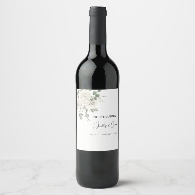 White Floral Spanish Wedding Invitation Wine Label (Front)