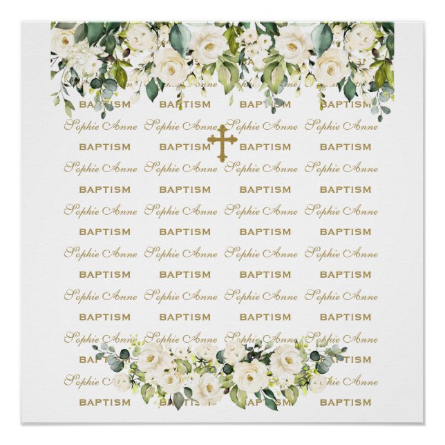 White Floral Step & Repeat Gold Baptism Backdrop Poster (Front)