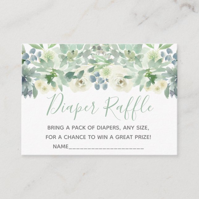 White Floral Succulent Baby Shower Diaper Raffle Enclosure Card (Front)