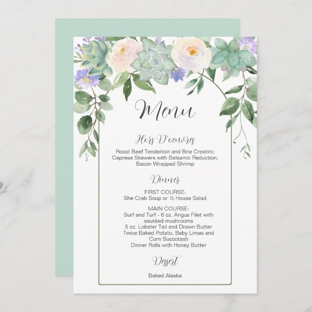 White Floral Succulents Greenery Wedding Menu (Front/Back)