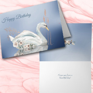 White Floral Swan Happy Birthday Card