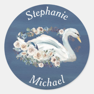 White Floral Swan on Blue Wedding Classic Round Sticker