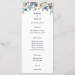 White Floral Swan on Blue Wedding Menu<br><div class="desc">This wedding menu card matches the White Floral Swan Wedding Invitations and other wedding products in our store. The front has a top border of white and blue roses, with your custom text below. The back has an image of a beautiful white swan floating beside a floral bouquet, his reflection...</div>