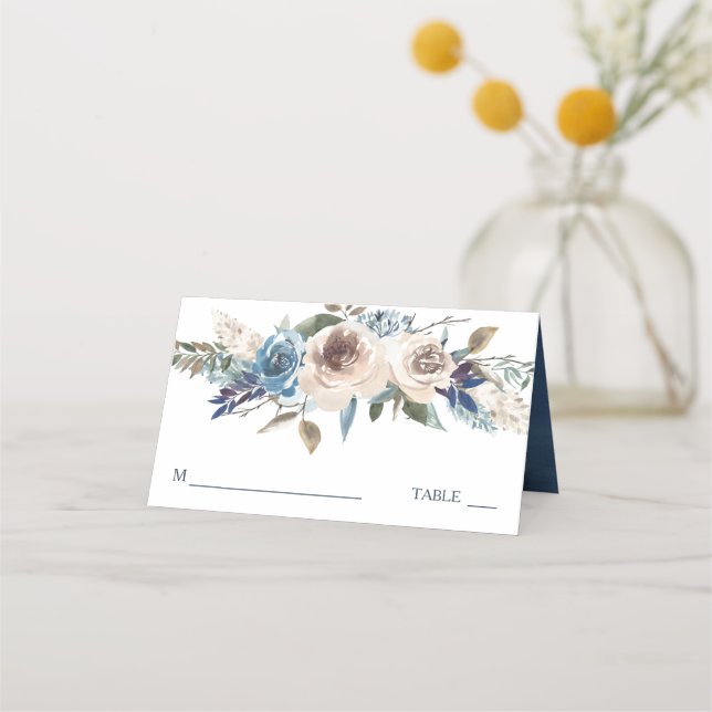 White Floral Swan on Blue Wedding Place Card (Front)