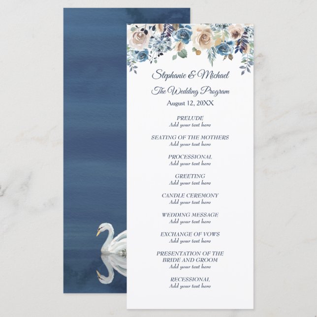 White Floral Swan on Blue Wedding Program (Front/Back)
