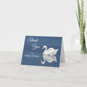 White Floral Swan on Blue Wedding Thank You Card