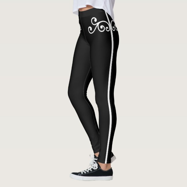 White Floral Swirl Vector Art on Black Leggings (Left)