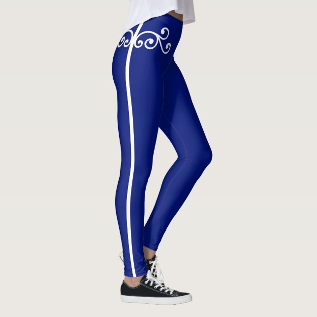 White Floral Swirl Vector Art on Blue Leggings (Right)