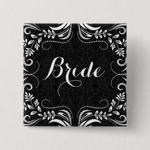 White Floral Swirls Frame Bride Button