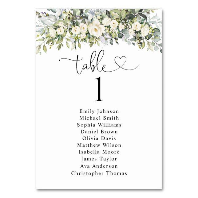 White Floral Table Number Seating Chart (Front)