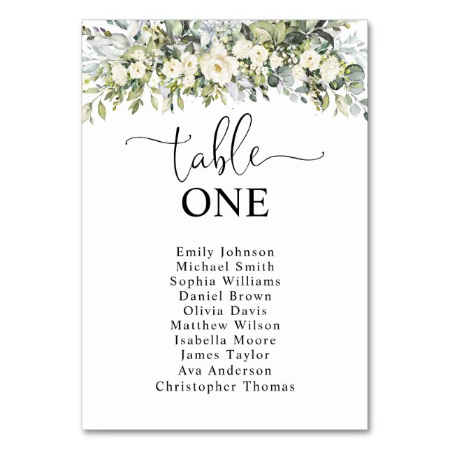 White Floral Table Number Seating Chart (Front)
