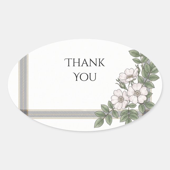 White Floral Tartan Wedding Thank You Oval Sticker (Front)