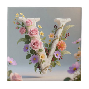 White Floral Textured Monogram Letter V Ceramic Tile