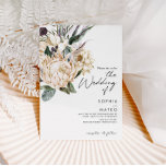 White Floral The Wedding Of Invitation<br><div class="desc">We designed this white floral the wedding of invitation to complete your rustic dark tropical wedding. With its bohemian watercolor greenery to its modern boho winter flowers, including protea, dahlia, and dried lotus, the design is sure to set off your moody, minimalist green and white theme. Change the text and...</div>