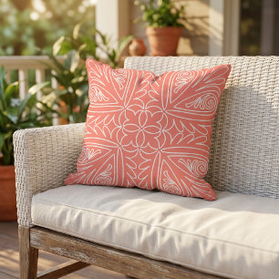 White Floral Tribal Art On Coral Red Orange Cushion