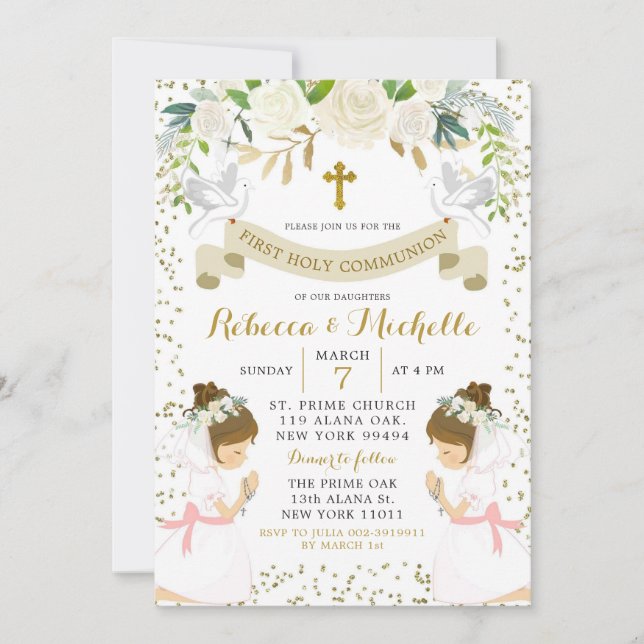 White Floral Twin Girl First Holy Communion Invitation (Front)