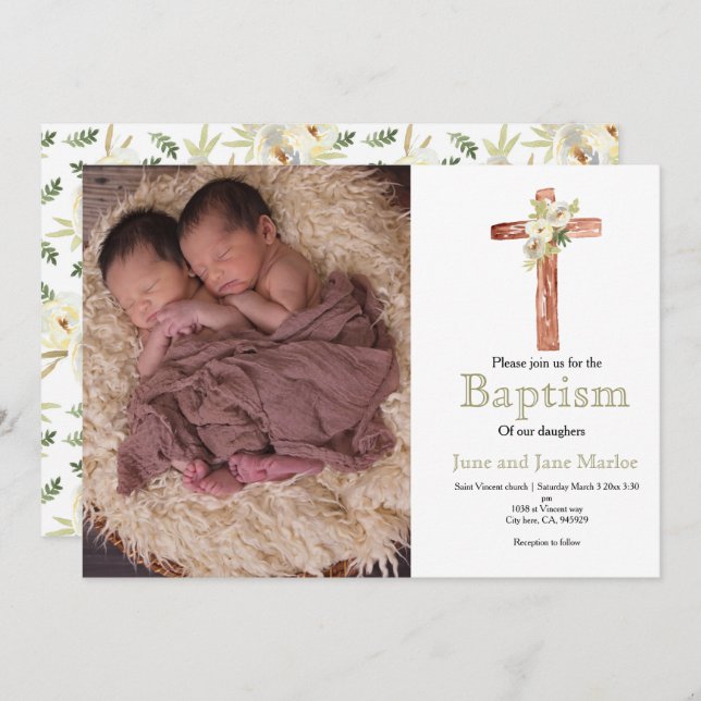 White floral twin sibling baptism photo Invitation (Front/Back)