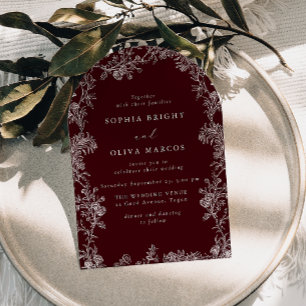 White Floral Vintage Deep Burgundy Wedding Invitation