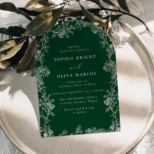 White Floral Vintage Green Wedding Invitation